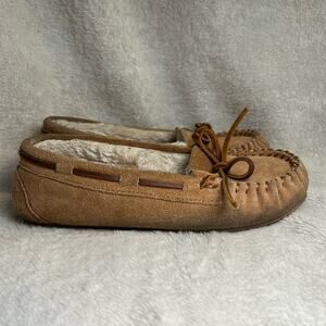 Minnetonka Cally Moccasins Leather Faux Fur Lining Children's Size 4 Casual :)‎